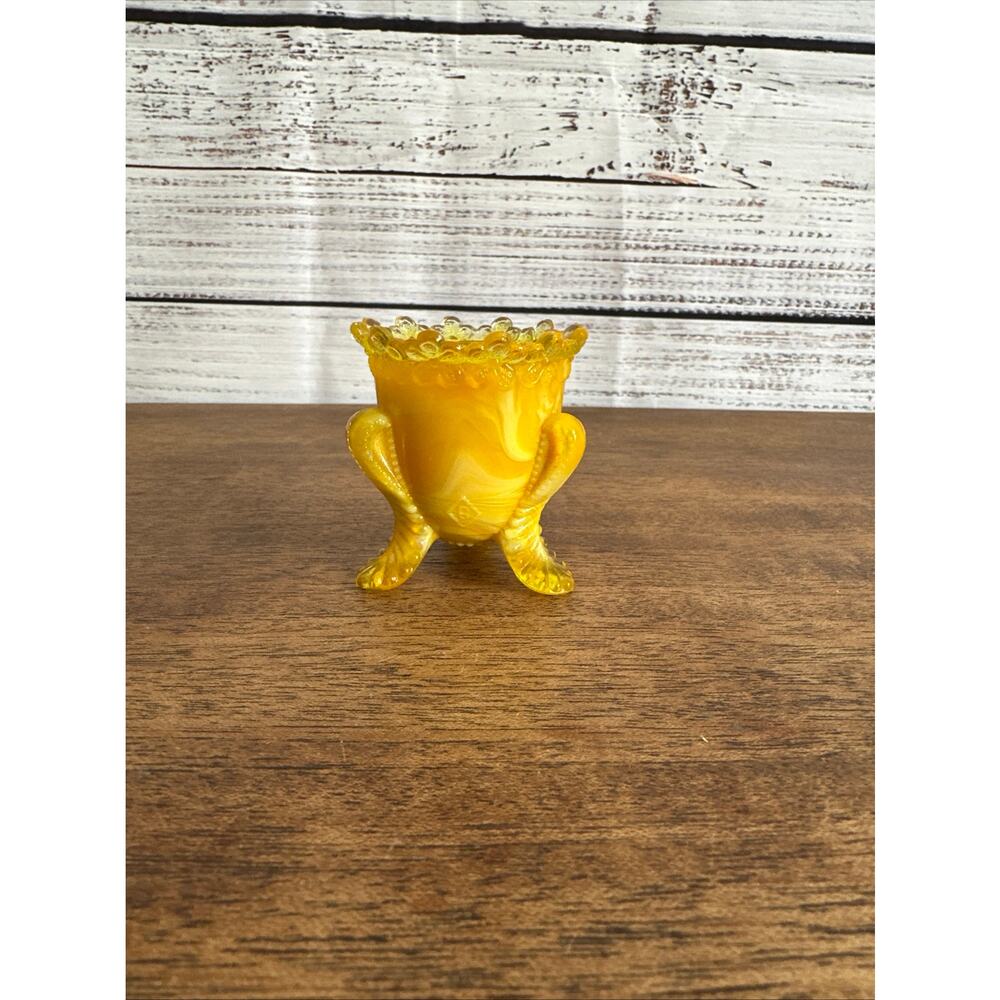 VTG Boyd Caramel Orange Yellow Swirl Swag Glass Forget Me Not Toothpick Holder